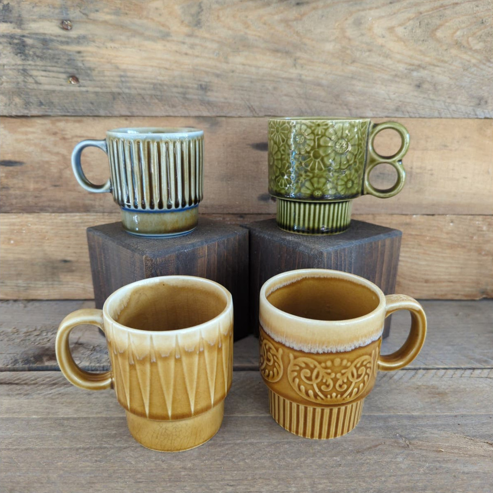Mismatched Vintage Brown Green and Blue Ceramic Mugs Set of Four Japan & Ireland